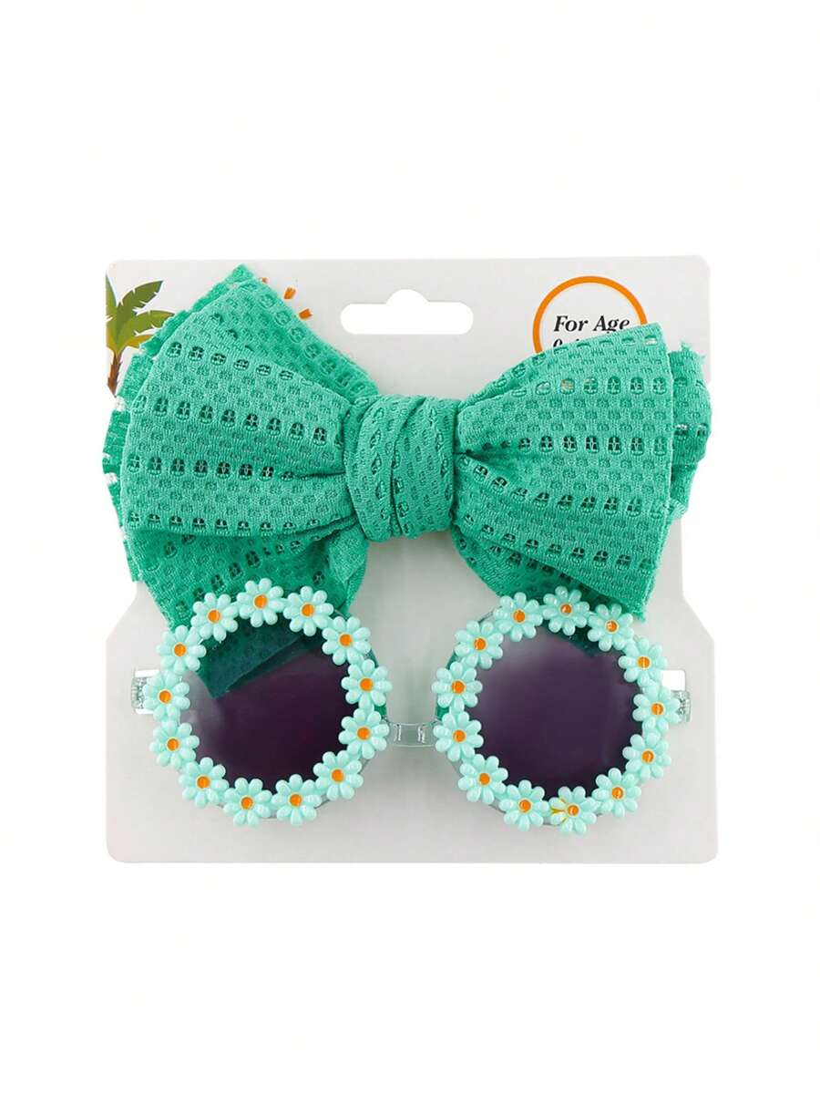 Kids Sunglasses Flower And Headbands For Baby Girls Toddler Sunglasses Sunflower Decor Anti-UV Sunglasses Matching Elastic Hollow Bow Hair Band For Boys Girls - 薄荷綠 - 查看 1