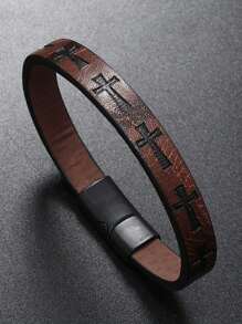 1pc Men's Fashionable Punk Style Faux Leather Cross Magnetic Bracelet - Casual Fashionable Accessory