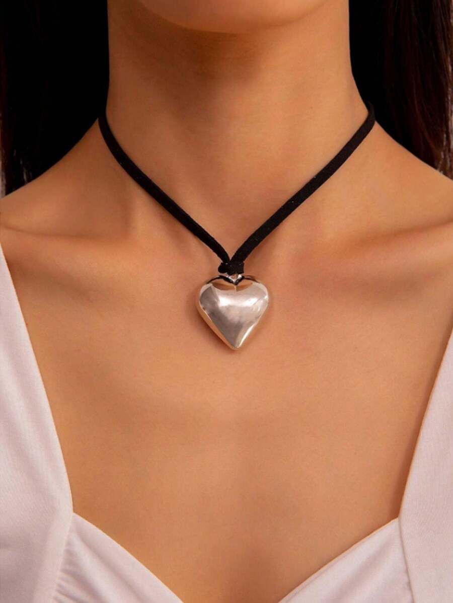 1pc Minimalist Heart Pendant Velvet Rope Knot Necklace For Women - Silver - View 1
