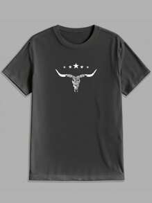 黑色加州风情印花圆领T恤 - 透气柔软，短袖，休闲户外穿着 - 男士休闲创意上衣 - 深灰色 - 查看 2