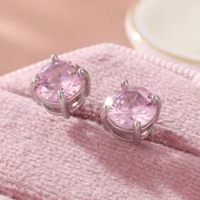 1 Pair Fashionable Pink Synthetic Zirconia Earrings, Versatile Daily & Party Jewelry For Girls, Delicate Gift For Festivals And Birthdays