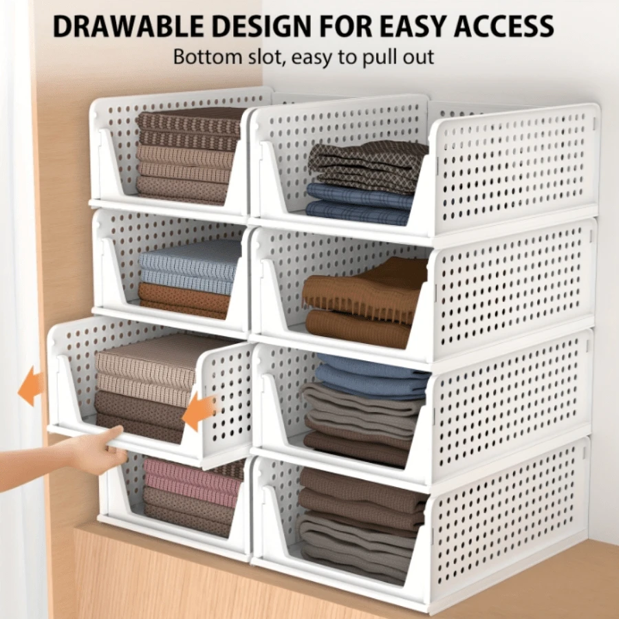 5 Pack Stackable Closet Storage Boxes, Multifunctional & Foldable Closet Organizer For Bathroom Kitchen Laundry Room Wardrobe Storage, Space-Saving Wardrobe Storage Drawer Organizer, White, Shelf Baskets - White - View 1