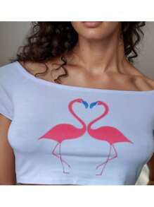 Cropped Short Flamingo Summer T-Shirt Summer Print - White - View 2