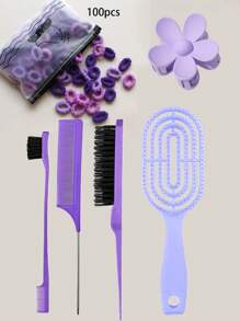 105pcs Hair Styling Tools Set: Includes 3pcs Styling Comb Set For Root Volume, Eyebrow Brush & Hairline Brush 2-In-1, 1pc Hollow Massage Comb, 1pc Solid Color Flower Clips, 100pcs Highly Elastic Non-Damaging Colored Hair Ties, Suitable For Hair Salons, Barber Shops, Home Use, All Hair Types And Styles, Easy To Create Versatile Looks - Multicolor - View 1