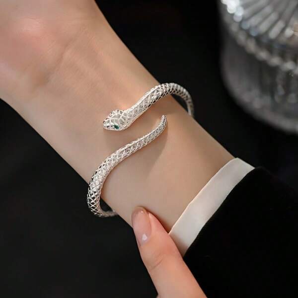 Brazalete ajustable de serpiente de plata de ley 925 con ojo de circonita verde y detalles florales, diseño de serpiente de los 12 signos del zodíaco, brazalete vintage punk creativo para mujeres