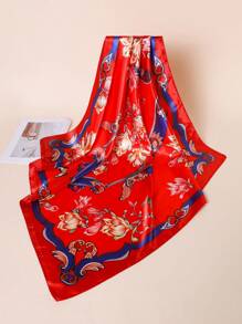 1 Pc Women 90cm Square Satin Scarf With Elegant Floral Print, Fashion Bandana Suitable For Casual And Street Styling As Scarf, Headband, Hair Accessory - Multicolor - View 4