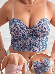 Plus Size Women's Fashion Embroidery Underwire Push-Up Bra - Multicolor - View 1
