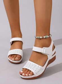 2025 neue Sommer Retro Keilabsatz Sandalen mit dickem Boden und einfarbigem Patchwork-Design, atmungsaktives Lederobermaterial mit Perforationen, runde Zehenpartie mit rutschfestem Riemen, ultraleichte Sohle, Damen Keilabsatz-Sandalen für den Alltag - Weiss - Übersicht 8