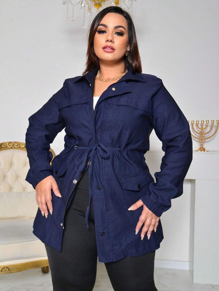 PLUS SIZE OVERCOAT JACKET CINCHED PARKA WINTER COAT BENGALINE - Navy Blue - View 1