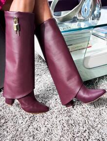 BOTAS DE MUJER BOTAS LARGAS BOTAS TINTO CON DOBLE CAPA AL PISO Y ADORNO DE CANDADO - Burdeos - Ver 6