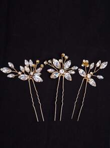 3pcs Gold-Color Crystal Hair Clips, Asymmetrical Hairpins, Bridal Headpieces Wedding Accessories Valentine's Day Accessories - Gold - View 4