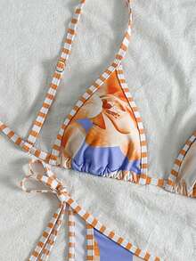 Braguitas de bikini con estampado de orquídeas rosas, con lazos laterales, sexy, adecuado para el uso en vacaciones de playa de chicas - Amarillo - Ver 3