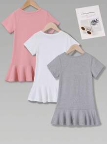 Set de 3 piezas de vestido de manga corta y falda lápiz estampada, de largo medio, de estilo casual y versátil para niñas jóvenes, para verano - Multicolor - Ver 2