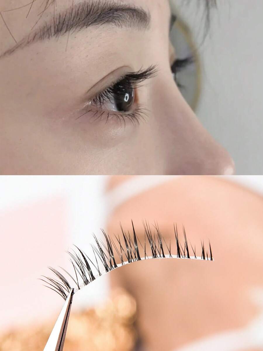 5 对超自然假睫毛，日式自然裸妆睫毛，黑色短款 10 毫米，学生淡妆睫毛，透明茎全睫毛条，一体式细茎睫毛，伪装裸妆睫毛 - 黑色 - 查看 1