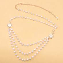 Chaîne de perles rétro élégante avec pendentif circulaire petit. Chaîne de perles superposée en trois couches avec volant latéral. Chaîne de taille/chaîne de corps pour femmes