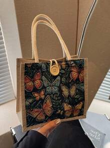 1PC 2025 NEW Butterfly Embroidery Linen Handbag,Khaki Colored Bag, Linen Button Decoration Handbag, Simple Large Capacity Handbag, Portable Casual Storage Handbag, Multi-Functional Shopping Bag, New Design, Large Capacity, Shopping Ideal, Shoulder Bag, Handbag, Lunch Bag, Lunch Box, Messenger Bag, Suitable For Women, Mother's Day Gift, Daily Use, Dating, Birthday, Holiday, Back To School, Summer, Vacation, Beach, Travel