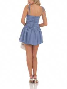 Women's Tie Strap Mini Dress Zipper Back Solid Color Sleeveless Backless Slim Ruched A-Line Dress Thankgiving - Blue - View 7