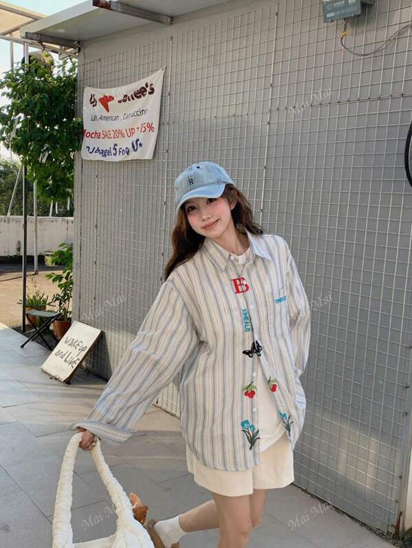 Women's Retro High Street Embroidery Striped Shirt, New Design Long Sleeve Top Jacket, Summer Clothing