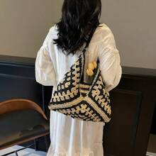 新款别致甜美编织纹理草编包，时尚 Ins 风格女士单肩包，纸绳包，波西米亚风，沙滩包，女士草编沙滩包，夏季编织沙滩手提包，单肩手提包 - 彩色 - 查看 10