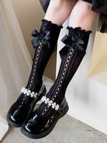 3 Pairs Girls Princess Lace Ruffle Knee High Socks With Bow, Children Mid-Calf Socks, Size 3-12Y