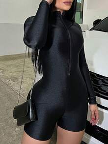 拉鍊純色女士緊身連體褲