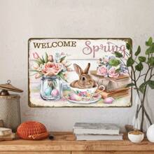 2D Rustic Farmhouse Metal Tin Sign, 8x12 Inch - Vintage Easter Bunny & Rose Tea Design, Iron Wall Decor For Kitchen & Home, Ideal For Spring Season Festive Decor