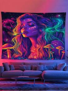 Blacklight Tapestry UV Reactive Mushroom Charming Woman Tapestry Vibe Tapestry Aesthetic Wall Tapestry Wall Hanging For Bedroom