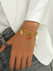LIEBEIRIS 1pc 18K Gold Plated Stainless Steel Cherry Series Bracelet, Suitable For Ladies Daily Wear And Gift