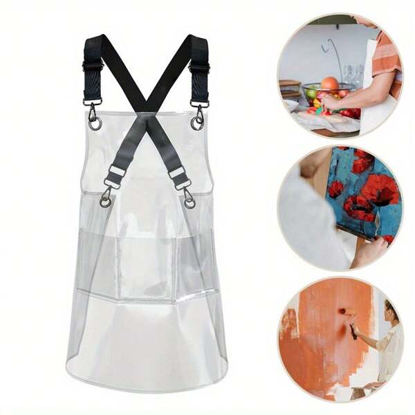 Patched Pockets Waterproof Apron, Work Apron Oil Resistant Waterproof Barber Apron Unisex TPU For Kitchen Hair Salon Barber Barista Household Supplies