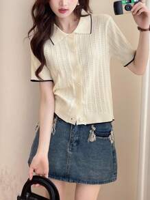 Rikumo Cárdigan de mujer de manga corta, de solapa, de abotonadura sencilla y elegante, informal, para verano e invierno - Beis - Ver 6