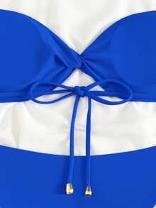 Sexy Solid Color Strapless Ties Backless High Waist Thong Bikini 2 Pieces Swimwear Set - Royal Blue - View 4