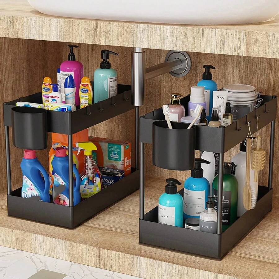2 Tier Under Sink Organizer Sliding Cabinet Basket Organizer Storage Rack With Hooks Hanging Cup Bathroom Kitchen Organizer Large Double Layer Storage Rack With Drawer Style Design Kitchen Organization Rack With Double Sliding Cabinet Drawers, Multi-Purpose Storage Shelf - Multicolor - View 1