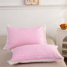 Pink Gingham Polyester Fiber Pillowcases With Lace Trim: Breathable, Machine - Washable, Dry - Cleanable & Quick - Drying