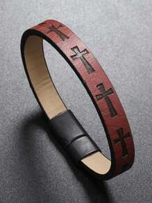 1pc Men's Fashionable Punk Style Faux Leather Cross Magnetic Bracelet - Casual Fashionable Accessory