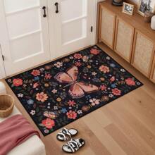 Felpudo de entrada con diseño de mariposa, esterilla de insectos ultrafina y lavable para la entrada de la casa, antideslizante y de pelo bajo, felpudo de entrada interior, alfombra bohemia beige para dormitorio de niñas, cocina y baño - Negro - Ver 2