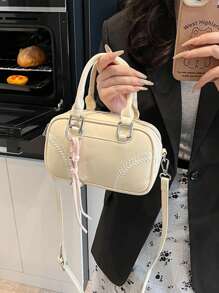 1 件时尚 PU 皮革斜挎单肩保龄球包，简约时尚迷你包，附带编织绳饰物 - 米色 - 查看 4