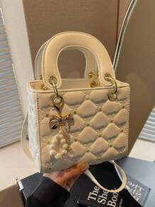 Fashionable New Women's Handbag, Solid Color Minimalist PU Leather Small Square Bag, Elegant Chic Suitable For Dating, Shopping, Versatile, Comes With Scarf, Bow, Pearl Accessories, Great Gift For Valentine's Day, Elegant Pearl Bag, Best Mother's Day Gifts Women