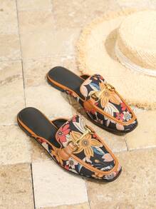 Women's Flat Square Toe Retro Floral Metal Buckle Fashion Mule Slippers Stitching Mark Open Back Slip On Comfortable Casual Loafers