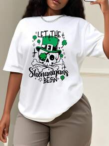 Oversized Style For Women, Funny St Patricks Let The Shenanigans Begin T-Shirt Patrick's Day Skeleton Tee Skull Shamrock Shirt, Oversize Type Shirt For Women, Perfect For Holiday Parties Or Gift Giving, Soft And Comfortable