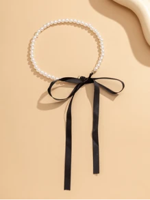 1pc New Arrival European & American Faux Pearl Ribbon Choker Necklace, French Retro Bowknot Tie Necklace For Women