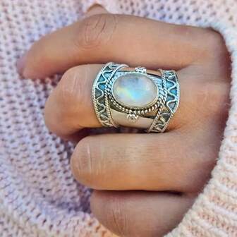Boho Vintage Wide Band Statement Ring, månsten & antik silverpläterad, moderiktig för förlovning, jubileum, födelsedag, fest, semester, alla hjärtans dag smycken present