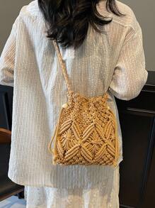 2025 New Arrival Woven Straw Bucket Bag For Women, Unique Design Crossbody Bag, Versatile For Beach & Daily Use
