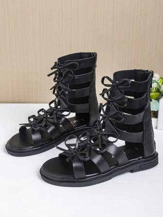 新款时尚简约蝴蝶结装饰拉链后背罗马平底凉鞋儿童春夏