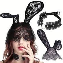 2pcs Lace Black Bunny Ears Headband, Bunny Ear Hairband With Veil, Heart-Shaped Necklace For Easter, Costume Accessory, Rabbit Party Prop, Masquerade Role-Playing Headpiece
