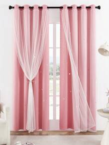 1pc Hollow Star Double Layer Voile Curtain, Top Ring, Cute Hollow Star Sheer Curtain, Suitable For Bedroom Blackout Curtain, Living Room Curtain, Themed Room Curtain And Holiday Party Decor