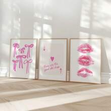 1/3 件粉色蝴蝶结墙壁艺术画复古美好旧时光王牌扑克牌帆布印刷画时髦的吻唇海报少女装饰适用于卧室、客厅或宿舍无框 - 彩色 - 查看 1