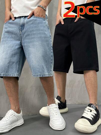 2 Pairs Men's Solid Color Simple Casual Denim Shorts, Light Blue Washed Relaxed Fit Jeans Shorts And Black Shorts