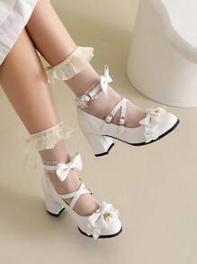 Zapatos de taco alto estilo lolita japonesa original, zapatos de fiesta de té con tacón grueso y moño adorables para estudiantes mujeres, zapatos lolita de doncella suaves, zapatos lolita de princesa de talla grande para mujeres - Blanco - Ver 2
