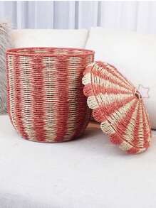 1 pieza Caja de almacenamiento con tapa con estilo nórdico y patrón de circo, cesta organizadora de piso tejida de cuerda de papel, cesta de almacenamiento de mimbre hecha a mano para el hogar, juguetes y varios - Rojo - Ver 4