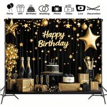 1 件经典黑色和金色生日照片背景 - 100% 涤纶摄影布 - 无需电源 - 无羽毛 - 适用于室内/室外派对装饰、家庭工作室道具、车库门悬挂标志 - 各种尺寸 - 多色/Multicolor - 查看 1